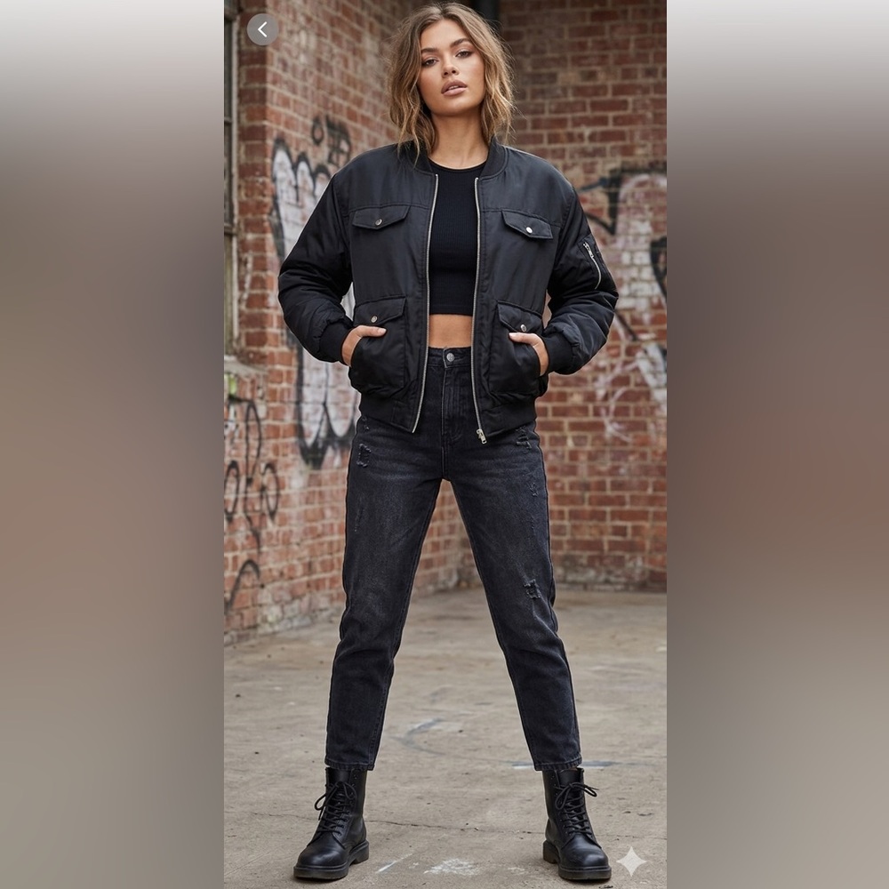 PrettyLittleThing Black Utility Bomber Jacket Padded Flight Coat Size 2